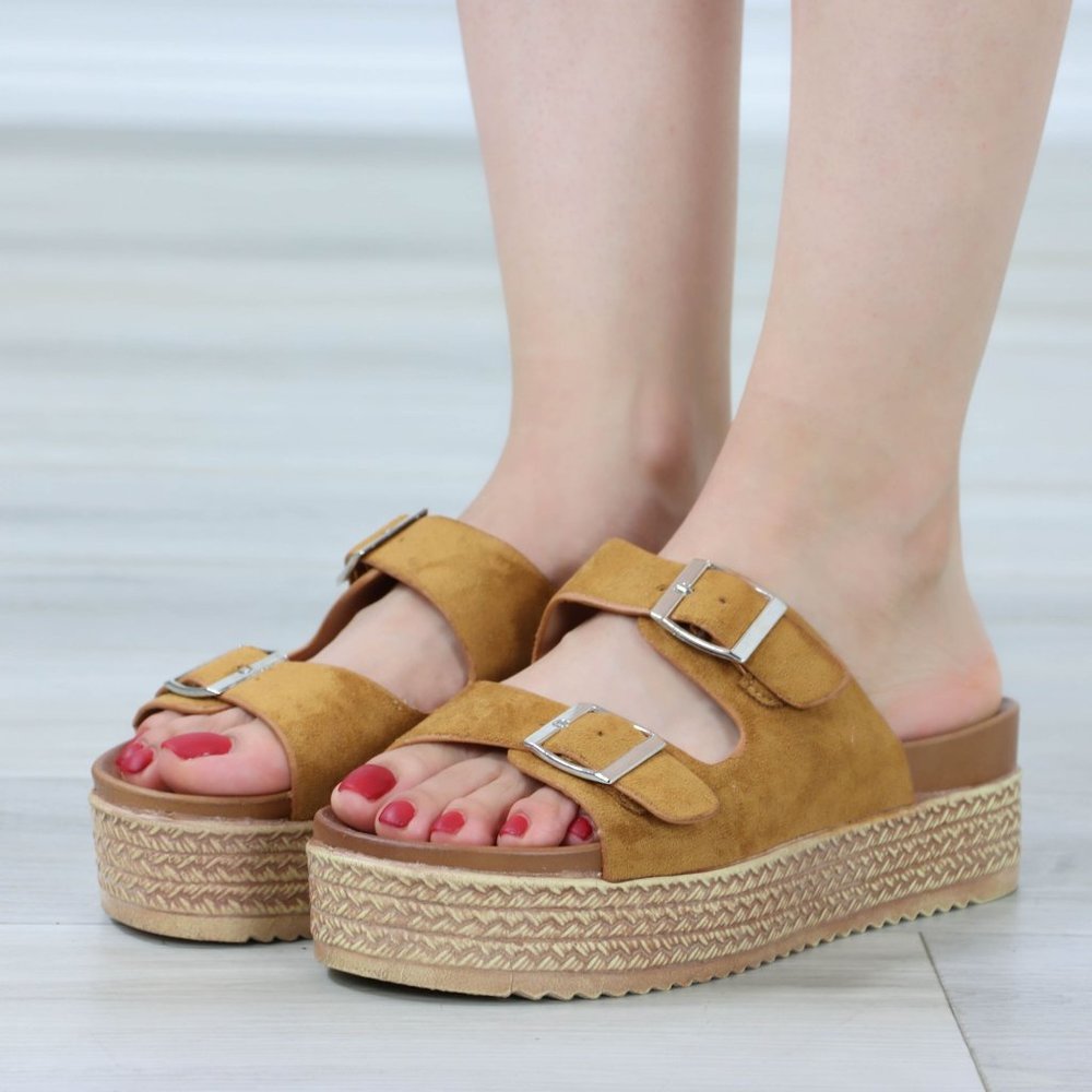 Suede Tan Double Straps Comfort Platform Sandal Slip On Sliders - Picture 11 of 13